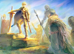  6+boys absurdres ahoge alternate_costume armor arthur_pendragon_(fate) blonde_hair cape commentary_request excalibur_(fate/prototype) fate/grand_order fate_(series) full_armor green_eyes hat highres holding holding_sword holding_weapon kneeling knight male_focus merlin_(fate) mitre multiple_boys peasant polearm pope priest robe sheath sheathed spear stairs sword weapon white2013 white_hair 