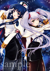  2girls black_legwear black_skirt blue_eyes blue_hair breasts brown_legwear capelet commentary_request covered_nipples cowboy_shot floating_hair gloves hair_between_eyes hat highres hoshino_ruri jacket kidou_senkan_nadesico long_hair long_sleeves looking_at_viewer medium_breasts mini_hat miniskirt misumaru_yurika mktr_(princess_mktr) multiple_girls open_mouth parted_lips pencil_skirt red_ribbon ribbon sample_watermark shiny_skin shirt skirt small_breasts smile standing underwear uniform very_long_hair watermark white_capelet white_gloves white_hair white_jacket white_shirt yellow_eyes 