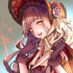  black_gloves blonde_hair blunt_bangs blush female flower gloves hair_flower hair_ornament happy headdress holding holding_knife knife kyashii_(a3yu9mi) long_hair looking_at_viewer open_mouth orange_eyes red_riding_hood_(sinoalice) ribbon rose sidelocks sinoalice solo yandere 