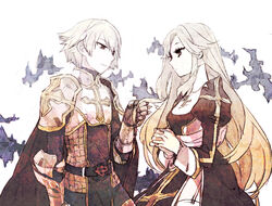  1boy arm_at_side armor black_gloves blonde_hair breastplate cape chainmail closed_mouth commentary cowboy_shot cross cross_necklace dress expressionless eyes_visible_through_hair female garter_straps gauntlets gloves gwayo hair_between_eyes high_priest_(ragnarok_online) holding_another&#039;s_hair jewelry juliet_sleeves limited_palette long_hair long_sleeves looking_at_another lord_knight_(ragnarok_online) margaretha_sorin necklace own_hands_together pauldrons puffy_sleeves ragnarok_online red_cape red_dress sash seyren_windsor short_hair shoulder_armor simple_background standing thighhighs white_background white_dress white_hair white_legwear white_sash 