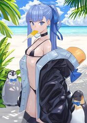  beach bikini bird black_bikini black_choker blue_eyes bow bowtie breasts choker cloud coat day fate/grand_order fate_(series) female food food_in_mouth highres hood hood_down meltryllis_(fate) meltryllis_(swimsuit_lancer)_(fate) meltryllis_(swimsuit_lancer)_(first_ascension)_(fate) michitaro_smile micro_bikini navel ocean outdoors penguin ponytail popsicle purple_hair small_breasts swimsuit 