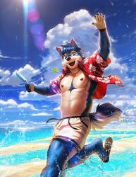  2022 5_fingers anthro beach bottomwear clothing cloud fingers food footwear hi_res jewelry light light_beam male mammal necklace nviek5 popsicle sand sandals seaside shorts sky solo sunbeam sunlight water 