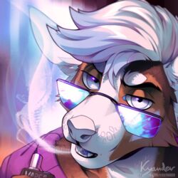  1:1 2020 bust_portrait canid canine canis digital_media_(artwork) domestic_dog eyewear fully_closed glasses kyander mammal open_mouth pink_eyes portrait restricted_palette solo tate_(detruos) teeth tongue vaping 