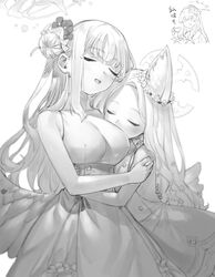  3girls animal_ear_fluff animal_ears bare_shoulders blue_archive blush breasts closed_eyes commentary_request cup dress ear_ornament face_to_breasts flower greyscale hair_bun hair_flower hair_ornament halo highres holding holding_cup hug large_breasts long_hair low_wings mika_(blue_archive) monochrome multiple_girls nagisa_(blue_archive) parted_lips seia_(blue_archive) simple_background single_side_bun sleeveless sleeveless_dress tea_party_(blue_archive) tori_udon translation_request very_long_hair wing_ornament wings 