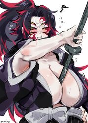  absurdres arm_up armpit_crease armpit_peek averting_eyes black_hair black_kimono blush breasts center_opening cleavage colored_sclera demon_slayer_uniform extra_eyes facial_mark female flying_sweatdrops genderswap_(mtf) half-closed_eyes highres holding holding_sword holding_weapon human_scabbard inconvenient_breasts japanese_clothes katana kimetsu_no_yaiba kimono kokushibou kurenaiz_(kuayrenaiz) large_breasts long_hair looking_at_viewer looking_to_the_side print_hair red_sclera rule_63 simple_background solo squiggle squinting struggling sword sword_between_breasts text_in_eyes twitter_username upper_body weapon white_background yellow_eyes 