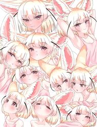  akegata_tobari alternate_costume animal_ears bare_shoulders blonde_hair blush brown_eyes collarbone commentary_request extra_ears female fennec_(kemono_friends) fingernails fox_ears fox_girl highres kemono_friends looking_at_viewer multicolored_hair multiple_views pink_shirt sharp_fingernails shirt short_hair sleeveless smile smug tank_top v white_hair 