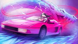  16:9 2022 ambiguous_gender anthro black_hair black_nose breasts canid canine canis car closed_eyes clothed clothing collar digital_media_(artwork) domestic_dog dragon driving duo female feral ferrari ferrari_testarossa fur hair hi_res horn inside_car mammal mythological_creature mythological_scalie mythology neotheta open_mouth pink_clothing pink_shirt pink_topwear scalie shirt smile synthwave teeth tongue topwear vehicle white_body white_fur widescreen 