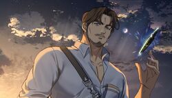  1boy bara blue_eyes brk_603 character_request closed_mouth commentary_request cyphers facial_hair highres korean_commentary long_sideburns male_focus mature_male muscular muscular_male pectoral_cleavage pectorals shirt short_hair sideburns solo strap thick_eyebrows white_shirt 