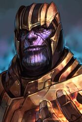  1boy armor closed_mouth colored_skin gloves helmet hungry_clicker looking_at_viewer male_focus manly marvel purple_skin simple_background smile solo thanos yellow_eyes 