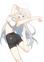  absurdres ahoge armpits ass barefoot bike_shorts black_shorts blonde_hair blue_eyes blush bural_chingu commentary feet female from_behind hair_between_eyes highres korean_commentary leg_up long_hair looking_at_viewer looking_back luke_(dydansgur) oerba_yun_fang open_mouth park_noah shorts simple_background skin_fang solo sports_bra two_side_up white_background white_sports_bra 