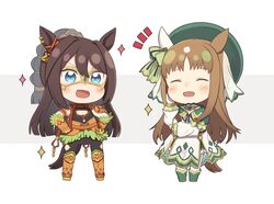  2girls :d ^_^ animal_ears bad_id bad_twitter_id beret black_bodysuit blue_eyes blush bodysuit boots brown_hair chibi closed_eyes commentary_request dress el_condor_pasa_(kukulkan_monk)_(umamusume) el_condor_pasa_(umamusume) frilled_skirt frills gloves grass_wonder_(saint_jade_healer)_(umamusume) grass_wonder_(umamusume) green_footwear green_headwear green_skirt grey_background hair_between_eyes hand_up hands_on_own_hips hat highres horse_ears horse_girl horse_tail long_hair long_sleeves mask multiple_girls notice_lines official_alternate_costume open_mouth orange_footwear pantyhose puffy_long_sleeves puffy_sleeves skirt sleeves_past_wrists smile sparkle standing tail totatokeke two-tone_background umamusume v-shaped_eyebrows very_long_hair white_background white_dress white_gloves white_legwear 