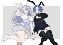  2girls animal_ears black_shirt blue_eyes blue_hair bow breasts commentary detached_collar detached_sleeves fake_animal_ears frilled_skirt frills hairbow highres holding_hands horns jacket kaoruko_(unkrk55) long_hair multiple_girls open_mouth original pointy_ears puffy_short_sleeves puffy_sleeves purple_eyes purple_hair shirt short_hair short_sleeves shorts skirt symbol-only_commentary thighhighs two_side_up white_footwear wrist_cuffs 