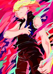  1boy absurdres bare_shoulders blonde_hair colorful commentary_request earrings fire green_fire highres jewelry lio_fotia male_focus multicolored_fire promare purple_fire red_fire solo tears vest white2013 