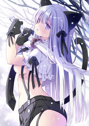  animal_ears black_gloves black_shorts breasts capelet cat_ears cat_tail cowboy_shot female garter_straps gloves grey_hair holding holding_sword holding_weapon hoshino_koucha katana long_hair looking_at_viewer medium_breasts midriff necktie no_bra original parted_lips purple_eyes short_shorts shorts solo suspenders sword tail tail_raised underboob very_long_hair weapon 