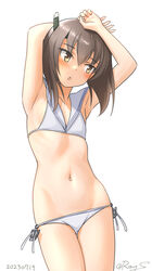  armpits arms_up bikini bob_cut brown_eyes brown_hair commentary cosplay cowboy_shot dated female flat_chest headgear kantai_collection looking_at_viewer lowleg lowleg_bikini navel one-hour_drawing_challenge ray.s sailor_bikini sailor_collar side-tie_bikini_bottom simple_background solo stomach swimsuit taihou_(kancolle) twitter_username white_background white_bikini white_sailor_collar z3_max_schultz_(kancolle) z3_max_schultz_(kancolle)_(cosplay) z3_max_schultz_(swimsuit_mode)_(kancolle) 