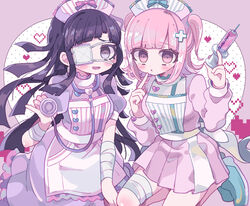  2girls aeruusa apron bandage black_hair blush dangan-ronpa_2 eyepatch heart lolita_fashion long_hair nanami_chiaki new_dangan-ronpa_v3 nurse pink_eyes pink_hair purple_eyes tsumiki_mikan twintails 