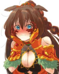  animal_ears blue_eyes blush braid braided_ponytail breasts brown_hair cleavage cleavage_cutout clothing_cutout el_condor_pasa_(kukulkan_monk)_(umamusume) el_condor_pasa_(umamusume) female gloves hands_on_own_face highres horse_ears horse_girl long_hair mirrrrr official_alternate_costume orange_gloves umamusume 