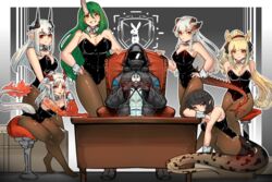  1other 6+girls alternate_costume arknights bar_stool black_hair blemishine_(arknights) blonde_hair breasts chair cleavage desk detached_collar doctor_(arknights) dragon_tail english_commentary engrish_commentary eunectes_(arknights) green_hair hand_on_own_hip highres hood hooded_coat horns hoshiguma_(arknights) large_breasts long_hair mudrock_(arknights) multiple_girls najashi nian_(arknights) pantyhose playboy_bunny pointy_ears ponytail saria_(arknights) single_horn smile snake_tail stool tail white_hair wrist_cuffs 