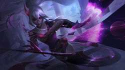  1other absurdres alternate_costume ball belt blood_moon_(league_of_legends) breasts brown_belt dress female fingernails glowing glowing_eyes grey_hair hair_between_eyes heterochromia highres holding holding_staff janna_(league_of_legends) large_breasts league_of_legends leg_tattoo long_hair looking_at_viewer ponytail purple_dress purple_eyes red_eyes sharp_fingernails single_bare_shoulder smile solo_focus staff tattoo vincent_t_(oriaarts) 