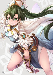  belt between_legs blue_dress blush boots breasts cape closed_mouth commentary_request dress earrings feather-trimmed_sleeves feather_trim female fingerless_gloves fire_emblem fire_emblem:_the_blazing_blade fire_emblem_heroes flower foot_out_of_frame gauntlets glint gloves green_eyes green_hair grey_background hair_between_eyes hair_flower hair_ornament hand_between_legs high_ponytail highres jewelry jumping katana knee_boots leaning_forward long_dress long_hair looking_at_viewer lyn_(fire_emblem) lyn_(resplendent)_(fire_emblem) medium_breasts nakabayashi_zun patterned_background pelvic_curtain ponytail scabbard sheath short_sleeves side_slit signature smile solo sword thighs unsheathed very_long_hair weapon white_gloves 