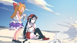  2girls ball_and_chain_restraint beach black_footwear black_hair black_thighhighs blue_sky bow chains closed_eyes closed_mouth cloud commentary_request cookie_(touhou) day detached_sleeves dress dual_persona hakurei_reimu highres horn_bow horn_ornament horns ibuki_suika kurotsuki_hiiragi long_hair looking_afar looking_at_another looking_to_the_side multiple_girls open_mouth orange_hair outdoors purple_bow purple_skirt pyramid_(geometry) red_bow red_dress red_footwear shirt shoes sidelocks sitting skirt sky sleeveless sleeveless_shirt smile standing thighhighs touhou twintails very_long_hair water waves white_shirt white_sleeves yuyusu_(cookie) 