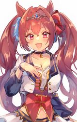  animal_ears breasts brown_hair buttons chiro_(chi-bu-ko) choker cleavage commentary daiwa_scarlet_(umamusume) female hair_intakes hair_ribbon hand_on_own_chest highres horse_ears horse_girl jacket long_hair navel oerba_yun_fang red_eyes red_ribbon ribbon simple_background smile solo starting_future_(umamusume) tiara twintails umamusume very_long_hair white_background white_jacket 