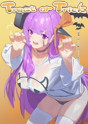  absurdres bb_(fate) bb_(fate/extra) blush bolt_(hardware) breasts claw_pose cleavage collarbone facial_mark fate/extra fate/extra_ccc fate_(series) female flying_sweatdrops hair_ribbon halloween highres large_breasts long_hair looking_at_viewer nox13 open_mouth orange_ribbon purple_eyes purple_hair ribbon shirt thighhighs thighs very_long_hair white_shirt 