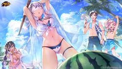  2boys 2girls :d :o abs bandaid bandaid_on_cheek bandaid_on_face bikini blindfold blue_bikini blue_eyes breasts bug butterfly cleavage copyright_notice covered_eyes day dutch_angle food fruit goggles goggles_around_neck gold_necklace green_eyes harem_outfit heterochromia highres holding holding_surfboard jewelry jumping large_breasts lens_flare mahjong mahjong_soul male_swimwear megaphone multiple_boys multiple_girls navel necklace official_art official_wallpaper open_mouth outdoors palm_tree pink_hair qi_xi sara_(mahjong_soul) shinomiya_natsuki_(mahjong_soul) smile standing stomach surfboard swimsuit tenbou topless_male towel towel_around_neck tree tsunakawa watermelon white_blindfold yagi_yui yostar 