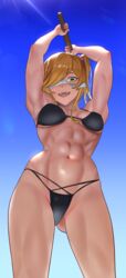  abs absurdres arms_up ass_visible_through_thighs bikini black_bikini blindfold blindfold_slip blonde_hair blue_sky breasts commission day female green_eyes highres holding inuyama_aoi looking_at_viewer medium_hair muscular muscular_female navel open_mouth outdoors pixiv_commission sibo side_ponytail sky small_breasts solo swimsuit yurucamp 