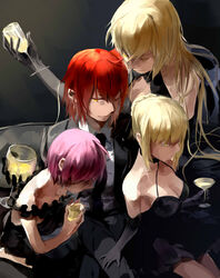  4girls artoria_pendragon_(fate) bare_shoulders black_dress blonde_hair bow breasts cleavage commentary cup dress drinking_glass fate/grand_order fate/stay_night fate_(series) formal fujimaru_ritsuka_(female) fujimaru_ritsuka_(female)_(royal_brand) hairbow highres holding holding_cup jeanne_d&#039;arc_alter_(avenger)_(fate) jeanne_d&#039;arc_alter_(fate) long_hair mash_kyrielight multiple_girls necktie one_eye_closed orange_hair pant_suit pants purple_hair saber_alter side_ponytail suit white2013 wine_glass yellow_eyes yuri 