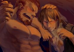  2boys absurdres bara beard between_fingers black_hair blush cigar commentary_request cup drunk facial_hair fate/grand_order fate_(series) highres holding holding_cup iskandar_(fate) laughing long_hair lord_el-melloi_ii lord_el-melloi_ii_case_files male_focus multiple_boys muscular muscular_male pectorals red_hair smoke time_paradox topless_male waver_velvet white2013 