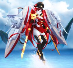  2020 anthro artillery battleship breasts cleavage clothed clothing dannyckoo female hair hat headgear headwear lagomorph leporid long_hair mammal mecha_musume melee_weapon rabbit ranged_weapon red_eyes red_hair ship solo steffanie_(dannyckoo) tresertf uniform vehicle warship water watercraft weapon white_body 