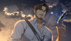  1boy bara blue_eyes brk_603 character_request closed_mouth commentary_request cyphers facial_hair glasses korean_commentary long_sideburns male_focus mature_male muscular muscular_male pectoral_cleavage pectorals shirt short_hair sideburns solo strap thick_eyebrows white_shirt 