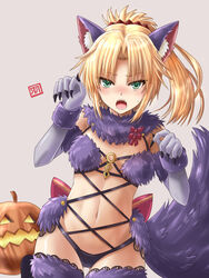  animal_ears blonde_hair breasts cosplay elbow_gloves fake_animal_ears fake_tail fate/apocrypha fate/grand_order fate_(series) female fur_collar fur_trim gloves green_eyes halloween_costume haura_akitoshi jack-o&#039;-lantern long_hair mash_kyrielight mash_kyrielight_(dangerous_beast) mash_kyrielight_(dangerous_beast)_(cosplay) mordred_(fate) mordred_(fate/apocrypha) o-ring o-ring_top open_mouth ponytail pumpkin purple_gloves purple_tail purple_thighhighs revealing_clothes ribbon simple_background small_breasts solo sweatdrop tail thighhighs wolf_ears wolf_girl wolf_tail 