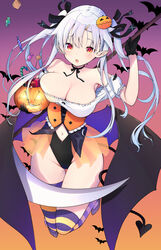  bat_(animal) bat_wings blonde_hair blush breasts female food-themed_hair_ornament gloves gradient_background groin hair_ornament hair_ribbon hairclip highres holding jack-o&#039;-lantern leotard long_hair looking_at_viewer navel oerba_yun_fang open_mouth original pointy_ears pumpkin_hair_ornament red_eyes ribbon solo thighhighs thighs two_side_up uro_(urotanc) vampire white_hair wings 