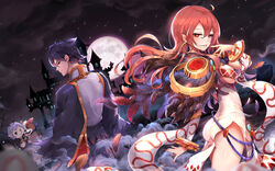  1boy 1other absurdres black_eyes black_hair breasts canine castle cloud dress earrings feathers female finger_to_mouth from_side full_moon highres jewelry kiyomasa_ren looking_at_viewer looking_back medium_breasts moon night night_sky original outdoors pointy_ears red_eyes red_hair sky smoke star_(sky) starry_sky 