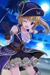  ;d absurdres alternative_girls artist_request belt blonde_hair boots female gloves hat highres mizushima_airi moon moonlight night ocean official_art one_eye_closed open_mouth palm_tree pirate_hat ponytail purple_eyes sand sleeveless smile star_(sky) tree tricorne 