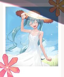  adjusting_clothes adjusting_headwear aqua_eyes aqua_hair blue_sky closed_eyes collarbone commentary cowboy_shot dress facing_viewer female field flower hand_up hat hatsune_miku highres kimi_no_taion_(vocaloid) long_hair open_mouth outdoors photo_(object) sky smile solo soyaka spaghetti_strap standing straw_hat sun_hat sundress twintails very_long_hair vocaloid white_dress 