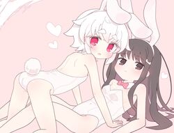  2girls akichi_mashiro all_fours animal_ears bare_arms bare_shoulders black_hair blush bow bowtie breasts brown_eyes brown_hair collar commentary_request cowgirl_position detached_collar fake_animal_ears hair_ornament hairband hairclip heart kibisake leotard long_hair lying multiple_girls on_back original pink_background pink_bow pink_bowtie rabbit_ears rabbit_tail red_eyes short_eyebrows small_breasts strapless strapless_leotard tail thick_eyebrows torii_koyomi very_long_hair white_collar white_hair white_hairband white_leotard wing_collar 