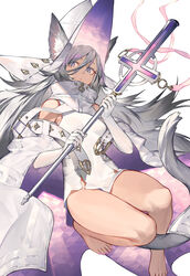  animal_ears bad_id bad_pixiv_id barefoot breasts commentary female gloves grey_hair hair_between_eyes hat holding holding_staff long_hair looking_at_viewer noy original parted_lips purple_eyes simple_background slit_pupils solo staff tail white_background white_gloves 