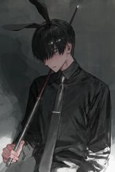  animal_ears bad_id bad_twitter_id black_hair black_hairband black_shirt collared_shirt cue_stick fake_animal_ears grey_background grey_eyes grey_necktie hair_over_one_eye hairband highres hirota_tsuu holding long_sleeves looking_down necktie one_eye_covered original parted_lips rabbit_ears shirt upper_body usuzumi_kei wing_collar 