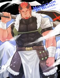  1boy axe bara closed_mouth commentary_request highres hiraga0613 holding horns looking_at_viewer male_focus mature_male muscular muscular_male orange_hair pixiv_fantasia pixiv_fantasia_mountain_of_heaven smile solo spiked_hair tusks valkus_dranzad_(mountain_of_heaven) weapon 