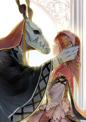  1boy adjusting_clothes adjusting_headwear animal_skull commentary_request couple elias_ainsworth female gloves green_eyes hatori_chise highres horns mahou_tsukai_no_yome red_hair skull_head straight veil white2013 white_gloves 