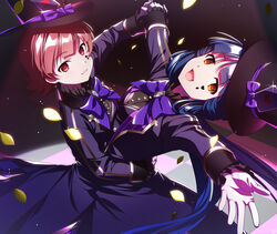  2girls :3 :d absurdres ace_(playing_card) ace_of_hearts arm_around_waist arm_up arms_up black_background black_headwear blue_hair blunt_bangs bow bowtie brooch buttons card checkered_floor closed_mouth club_(shape) coat commentary_request cowboy_shot dancing diamond_(shape) earrings facial_mark frilled_shirt_collar frilled_sleeves frills from_side glint gloves gold_trim hat hat_ribbon heart highres holding_hands idolmaster idolmaster_million_live! idolmaster_million_live!_theater_days jewelry kitakami_reika leaning_back light_particles long_hair long_sleeves looking_at_viewer looking_to_the_side low_twintails mikapoe multiple_girls nonohara_akane open_clothes open_coat open_mouth outstretched_arm outstretched_arms petals playing_card purple_bow purple_bowtie purple_coat purple_ribbon red_eyes red_hair ribbon short_hair sideways_glance sleeves_past_wrists smile spade_(shape) spotlight standing striped_bow striped_bowtie striped_clothes striped_ribbon tango tilted_headwear top_hat twintails white_gloves yellow_eyes 