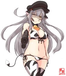  2021 absurdres aiming alternate_costume anger_vein animal_ears animal_print artist_logo bell bikini black_hat breasts cigar commentary_request cow_ears cow_horns cow_print cow_print_bikini cow_tail cowbell cowboy_shot dated fake_animal_ears fake_horns female front-tie_top gangut_(kancolle) gangut_dva_(kancolle) grey_hair groin gun hat highres horns kanon_(kurogane_knights) kantai_collection large_breasts long_hair looking_at_viewer lowleg lowleg_bikini one-hour_drawing_challenge orange_eyes peaked_cap print_bikini scar scar_on_cheek scar_on_face side-tie_bikini_bottom simple_background solo swimsuit tail weapon white_background white_bikini 