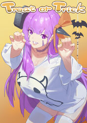  absurdres bat_(animal) bb_(fate) bb_(fate/extra) blush bolt_(hardware) breasts claw_pose cleavage collarbone facial_mark fate/extra fate/extra_ccc fate_(series) female grin hair_ribbon halloween highres large_breasts long_hair looking_at_viewer nox13 orange_ribbon purple_eyes purple_hair ribbon shirt smile thighhighs thighs very_long_hair white_shirt 