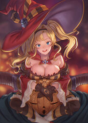  1boy :d asymmetrical_bangs bare_shoulders black_gloves black_hairband blonde_hair blue_eyes blurry blurry_background blush breast_rest breasts breasts_on_head cape cleavage commentary_request depth_of_field detached_sleeves draph feet_out_of_frame female gloves granblue_fantasy hair_intakes hairband halloween halloween_costume hat highres horns jack-o&#039;-lantern knee_pads large_breasts long_hair long_sleeves looking_at_viewer official_alternate_costume open_mouth pumpkin red_cape red_headwear shin_guards sidelocks sitting sitting_on_shoulder smile spread_legs striped_clothes striped_thighhighs sweatdrop teeth tekkai_blade thighhighs twintails upper_teeth_only vaseraga vaseraga_(halloween)_(granblue_fantasy) wide_sleeves witch_hat zeta_(granblue_fantasy) zeta_(halloween)_(granblue_fantasy) 