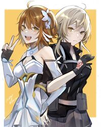  2girls ahoge bare_shoulders belt black_gloves black_jacket blonde_hair blush breasts cleavage command_spell commentary cosplay costume_switch crossover detached_sleeves dress fate/grand_order fate_(series) flower fujimaru_ritsuka_(female) fujimaru_ritsuka_(female)_(cosplay) fujimaru_ritsuka_(female)_(polar_chaldea_uniform) fujimaru_ritsuka_(female)_(polar_chaldea_uniform)_(cosplay) genshin_impact gloves grey_skirt hair_flower hair_ornament highres jacket large_breasts looking_at_viewer lumine_(genshin_impact) lumine_(genshin_impact)_(cosplay) medium_breasts medium_hair multiple_girls one_side_up open_mouth orange_eyes orange_hair pouch scarf short_hair short_sleeves sidelocks skirt smile white_dress white_scarf yellow_eyes zaza_(zazam_s) 