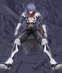  1boy ahoge armor armored_boots arms_at_sides assassin_cross_(ragnarok_online) barbed_wire bare_pectorals bio_lab black_cape black_pants black_shirt blue_hair boots cape commentary_request crate eremes_guile full_body gauntlets hair_between_eyes hair_over_one_eye kirimochi_niwe leg_armor long_hair looking_at_viewer male_focus pants parted_lips pauldrons pectorals ragnarok_online red_eyes red_scarf scarf shirt shoulder_armor sitting skull solo spread_legs torn torn_clothes torn_scarf waist_cape 