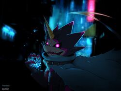  4:3 absurd_res anthro bandai_namco belt black_body black_sclera blue_fire cape claws clothing colored_fire digimon digimon_(species) digimon_ghost_game fire gekkart glowing glowing_eyes gulusgammamon hi_res horn male solo 